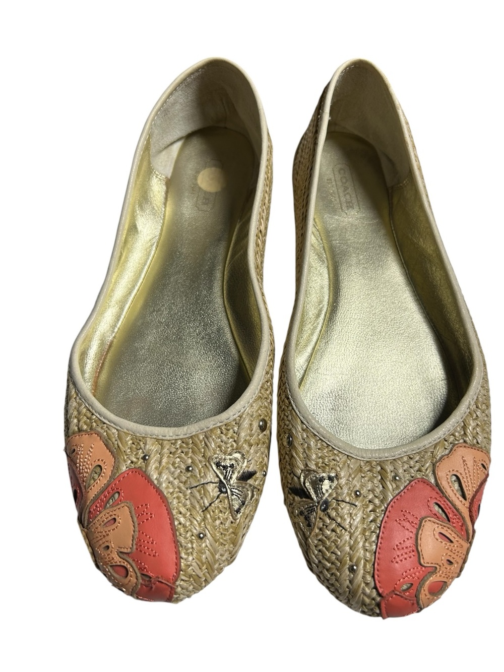 Coach Raffia Ballet Flats Beige Woven Leather Floral Butterfly Dragonfly Whimsy - Picture 5 of 11